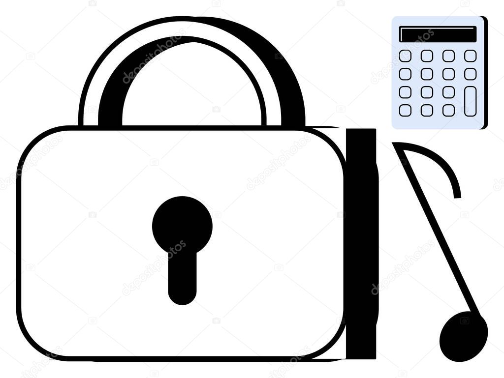 Padlock with keyhole, digital calculator, and a musical note representing security, calculation, and creativity. Ideal for protection, analysis, creativity, privacy finance music technology