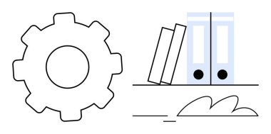 Gear alongside neatly arranged books and folders symbolizes organization, workflow, productivity, teamwork, planning, resource management, and optimization. Ideal for business, education innovation
