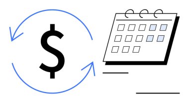 Dollar sign wrapped in arrows beside a calendar with marked dates combines finance and schedule. Ideal for budgeting, saving, planning, subscription, cash flow, recurring payments, simple flat