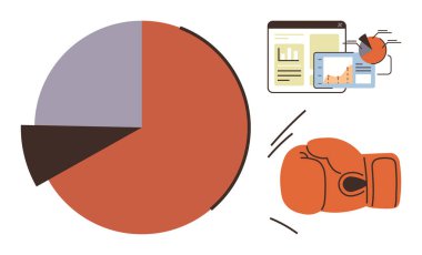 Pie chart and charts on a screen paired with a boxing glove, combining analytics with competition. Ideal for business strategy, market analysis, data-driven decision-making, competition, leadership