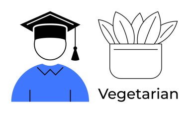 Graduate in academic cap next to a plant in a pot labeled vegetarian. Ideal for education, lifestyle, sustainability, plant-based diet, eco-conscious choices, academic focus, learning. Simple flat