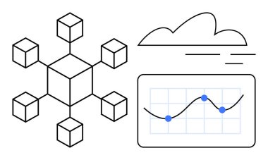 Network of connected cubes indicating blockchain, cloud lines, and graph with data points and trends. Ideal for technology, innovation, data management, cloud computing, blockchain, fintech