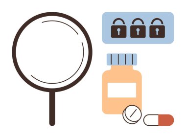 Magnifying glass, pill bottle, tablets, and locked padlocks imply security, health research, data privacy, cybersecurity, healthcare, medicine safety and investigation using a simple flat metaphor