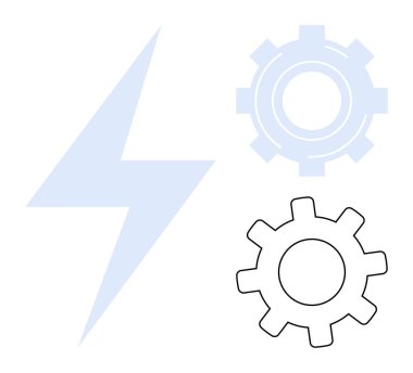 Lightning bolt and two gears, one outlined, symbolizing energy, technology, mechanical processes, innovation, progress, collaboration development. Ideal for energy automation engineering