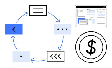 Circular diagram with arrows, web interface layout, and dollar sign symbolizing workflow, digital process, revenue, and goals. Ideal for finance, business, planning technology marketing strategy