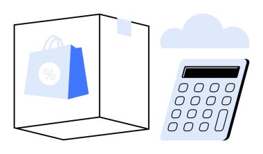 Discount shopping bag next to a calculator and cloud, representing e-commerce, finance, cloud storage, discounts, and online tools. Ideal for retail, budgeting and store management. Simple flat