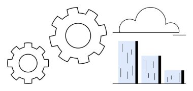 Gears representing operations, a cloud element signifying cloud computing, and a bar chart showcasing data analysis. Ideal for technology, teamwork, innovation, industry, efficiency, cloud services
