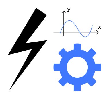 Lightning bolt, mathematical wave graph, and blue gear symbolizing energy, progress, and technical systems. Ideal for engineering, science, power, innovation mechanics education simple flat