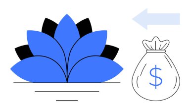 Lotus flower symbolizing growth and success, money bag representing wealth, blue arrow pointing towards opportunity. Ideal for finance, investment, success, growth, prosperity, opportunity