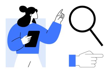 Woman with a tablet gesturing towards a magnifying glass and pointing hand. Ideal for research, study, navigation, guidance, exploration, online search, and innovation. Clean simple flat metaphor