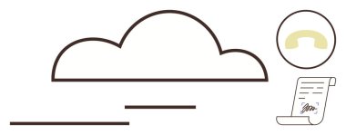 Cloud outline paired with phone receiver and signed paper document. Ideal for technology, communication, storage, efficiency, business, documentation, digital solutions. Simple flat metaphor