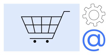 Shopping cart emphasizing e-commerce paired with gear for process automation and email sign for digital communication. Ideal for online retail, innovation, automation, marketing, operations