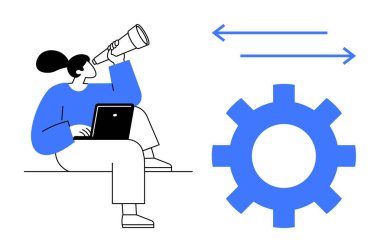 Woman sitting with a laptop, using a telescope to explore, alongside a gear icon and horizontal arrows. Ideal for innovation, strategy, automation, vision, process teamwork business growth. Simple
