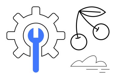 Gear with wrench symbolizing tools and productivity, cherries representing growth or rewards, and minimal cloud for simplicity. Ideal for development, maintenance, agriculture, productivity, goals
