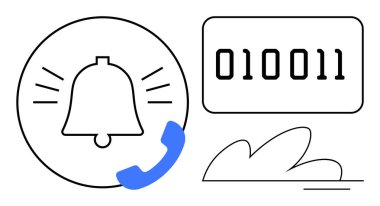 Bell with ringing lines and phone symbol, binary code block, and cloud element. Ideal for notifications, communication, technology, cloud computing, digital data IT alerts. Simple flat metaphor