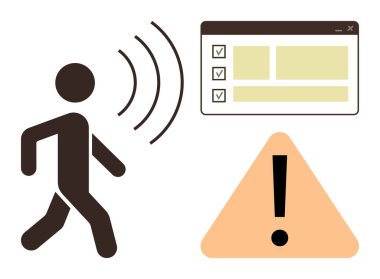 Person with sound waves near checklist interface and warning sign. Ideal for notifications, reminders, alerts, warnings, task management, digital prompts, simple flat metaphor