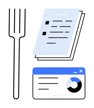 Fork alongside a document resembling a menu and a data webpage with a chart. Ideal for restaurant planning, analytics, strategy, food industry, digital menus, productivity, simple flat metaphor
