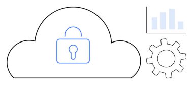 Secure cloud infrastructure represented by a lock inside a cloud, a bar chart, and a gear. Ideal for technology, cybersecurity, data protection, IT services, business strategy, system management