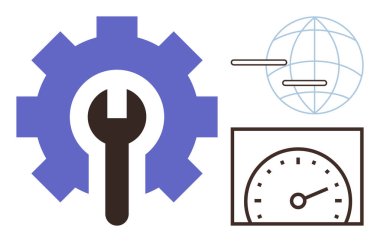 Large gear with wrench symbolizes tools and solutions, gauge indicates performance, world network suggests global reach. Ideal for development, performance, progress, improvement, global solutions