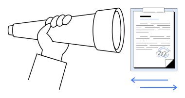 Hand holding telescope next to signed document with arrows indicating review process. Ideal for strategy, business planning, contract review, foresight, document validation, leadership