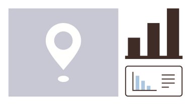 Tablonun yanında lokasyon iğnesi ve analitik, haritalama ve görselleştirilmiş veriler için bilgi bilgileri. İş, pazarlama, strateji, coğrafya, araştırma, sunumlar için ideal basit düz metafor