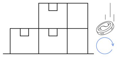 Düşen bozuk para ve yuvarlak okla dolu kutular tedarik zinciri, e-ticaret, dağıtım, lojistik, depolama, yatırım ve operasyonel akış kavramlarını gösteriyor. Basit bir düz metafor.