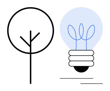 Yaprak şeklinde lifleri olan basit bir ampulün yanında, sürdürülebilirliği, çevre dostu yeniliği, yenilenebilir enerjiyi, çevresel farkındalığı, yeşil teknolojiyi, minimalizmi yansıtan basit bir ağaç.