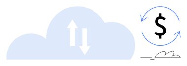 Oklarla çevrili bir doların yanında çift yönlü oklar olan bir bulut. Bulut depolama, veri transferi, finans, büyüme, teknoloji, e-ticaret ve modern çözümler için ideal. Basit bir düz metafor.