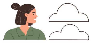 İki ana hatları belirlenmiş bulut şeklinin yanına bakan kadın, düşünce ve yenilik ima ediyor. Yaratıcılık, fikirler, hayal gücü, beyin fırtınası, problem çözme, karar verme, yenilik için ideal