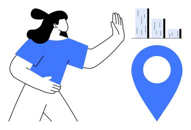 Kadının elini kaldırması, mavi harita iğnesi, veri yönetimini gösteren çubuk grafiği, karar verme, yön bulma, hedef belirleme. Teknoloji, analitik, seyahat pazarlama liderlik organizasyonu için idealdir.