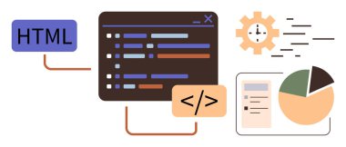 HTML 'e bağlı kod arayüzü, kodlama parantezleri, saat donanımı, pasta grafiği ve belge. Program, web geliştirme, kodlama, veri analizi dijital araçlar için idealdir. Basit düz verimlilik