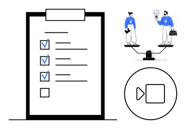 İşaretli görevleri olan kontrol listesi, fikirleri ve yenilikleri dengeleyen insanlar, ve uygulama için çalma düğmesi. Üretkenlik, öncelik, organizasyon, takım çalışması, liderlik, basit bir daire planlama için ideal