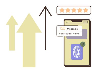 Akıllı telefon OTP iletisi, parmak izi tarayıcısı ve kullanıcı reytingleri gösteriyor. Oklar ilerlemeyi ve yukarı doğru büyümeyi simgeler. Teknoloji, güvenlik, geri besleme, büyüme, mobil uygulamalar kimlik denetimi için ideal