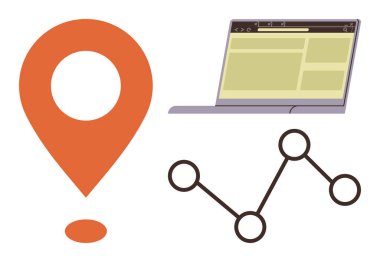 Konum belirleyici, tarayıcı pencereli dizüstü bilgisayar ve veri analizlerini gösteren bağlantılı noktalar. Konum belirleme, dijital pazarlama, navigasyon, teknoloji, analitik, ağ işletme stratejisi için ideal