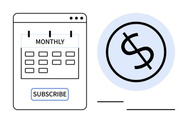Yinelenen ödemeleri vurgulayan büyük dolar simgesinin yanında abonelik düğmesi olan aylık takvim. Finans, e-ticaret, bütçe, fatura, abonelik hizmetleri, fintech, basit daire