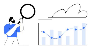 Elinde büyüteç tutan kişi bar tablosunu analiz ediyor ve artış eğiliminde, büyüme ve veri keşiflerini vurguluyor. Araştırma, analitik, içgörü, strateji, ilerleme, keşif için ideal, basit düz