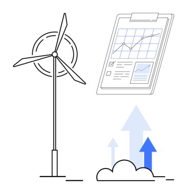 Temiz enerjiyi simgeleyen rüzgar türbini, iş görüşleri için analitik grafikler içeren pano ve büyüme için yukarı doğru oklar. Sürdürülebilirlik, ilerleme, gelişme, analitik ve yenilik için ideal