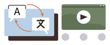 Dil sembolleri ve okları olan konuşma baloncukları çeviri kavramını bir medya oyuncusunun yanında resmediyor. Dil öğrenme, iletişim, çeviri, teknoloji, eğitim, küreselleşme için ideal