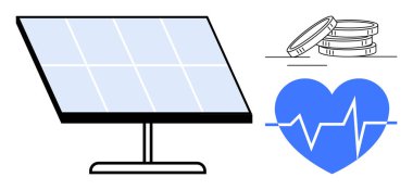 Güneş paneli, nabız çizgisi olan kalp, yeşil enerjiyi, sağlığı ve finansal büyümeyi yansıtan bozuk para yığınları. Enerji yeniliği, sürdürülebilirlik, yenilenebilir bütünleşme ve sağlık eko-ekonomisi için ideal