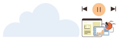 Bulut şekli, dijital grafikler, analitik gösterge paneli ve medya oynatıcı düğmeleri. Teknoloji, bulut hesaplama, büyük veriler, analitik uzaktan çalışma dijital iş akışı için idealdir. Basit düz metafor