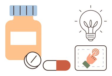 İlaç şişesi, kapsül, tablet parlayan ampul ve dokunmatik ekranın yanında. Sağlık, yenilik, teletıp, teknoloji, bilim eczanesi tıbbi konsepti için idealdir. Basit düz metafor