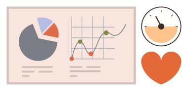 Veri analizini, performans ölçümünü, sağlık, verimlilik, verimlilik, başarı izleme ve basit bir düz metaforda yeniliği temsil eden pasta grafiği, çizgi grafiği, hızlı arama ve kalp sembolü