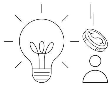 Fikirleri sembolize eden ampul, para karşılığı para ve bir insan figürü. Yenilik, finans, girişimcilik, başarı, yaratıcılık büyüme buluşları için idealdir. Minimalist tasarım ve basit düz metafor