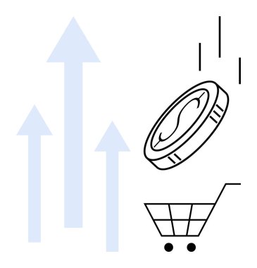 Para, enflasyonu, tasarrufu, perakende büyümesini, pazar eğilimlerini, finans, ticaret ve yatırım potansiyelini temsil eden yukarı bakan oklar yanında alışveriş arabasına düşüyor. Basit düz metafor