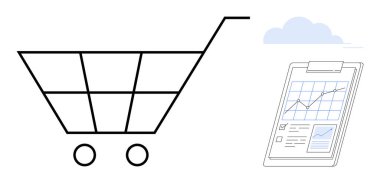 Veri tabloları, analizler ve büyüme grafikleriyle dolu bir alışveriş arabası taslağı. E-ticaret, perakende, iş büyümesi, pazarlama, satış stratejisi, veri analizi için ideal basit düz metafor
