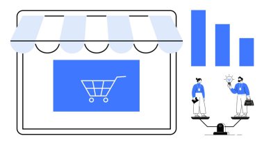 Alışveriş arabası ikonu, iki profesyonel ve bar çizelgesinin yer aldığı denge ölçeği olan bir e-ticaret mağazası. E-ticaret, takım çalışması, strateji, rekabet, analiz, iş büyümesi için ideal