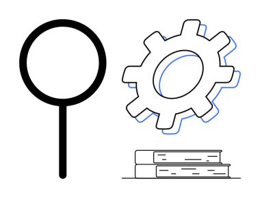 Büyüteç, dişli ve istiflenmiş kitaplar keşfi, öğrenmeyi ve optimizasyonu sembolize eder. Araştırma, eğitim, teknoloji, yenilik problem çözme analizi ve stratejisi için ideal