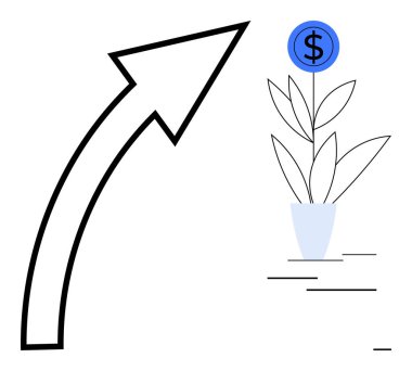 Kalın ok, bir dolar işareti olan saksı bitkisinin yanını gösteriyor. Büyüme, başarı, finans, yatırım, ilerleme, sürdürülebilirlik ve iş stratejisi için ideal. Basit düz metafor