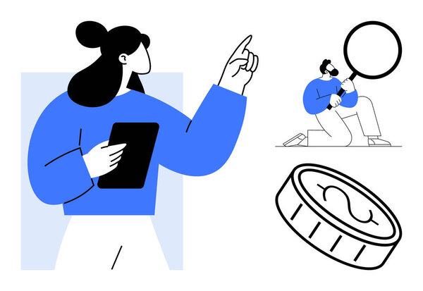 Женщина держит планшет указателем вверх, мужчина рассматривает монету с увеличителем, простая иконка монеты. Идеально подходит для анализа, финансов, инноваций, исследований, принятия стратегических решений. Простая плоская метафора