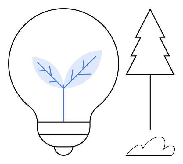Лампочка с прорастающим растением, очертаниями деревьев и облаками. Идеально подходит для инноваций, зеленой энергетики, роста, экосознательности, возобновляемых ресурсов и чистых технологий. Простая квартира